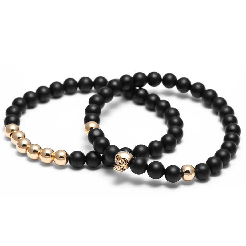 Mcllroy 2Pcs Natural Stone Buddha Charm Bracelets Skull Golde Beads Bracelets For Women Men Jewelry Cool Yoga Bracelets bileklik
