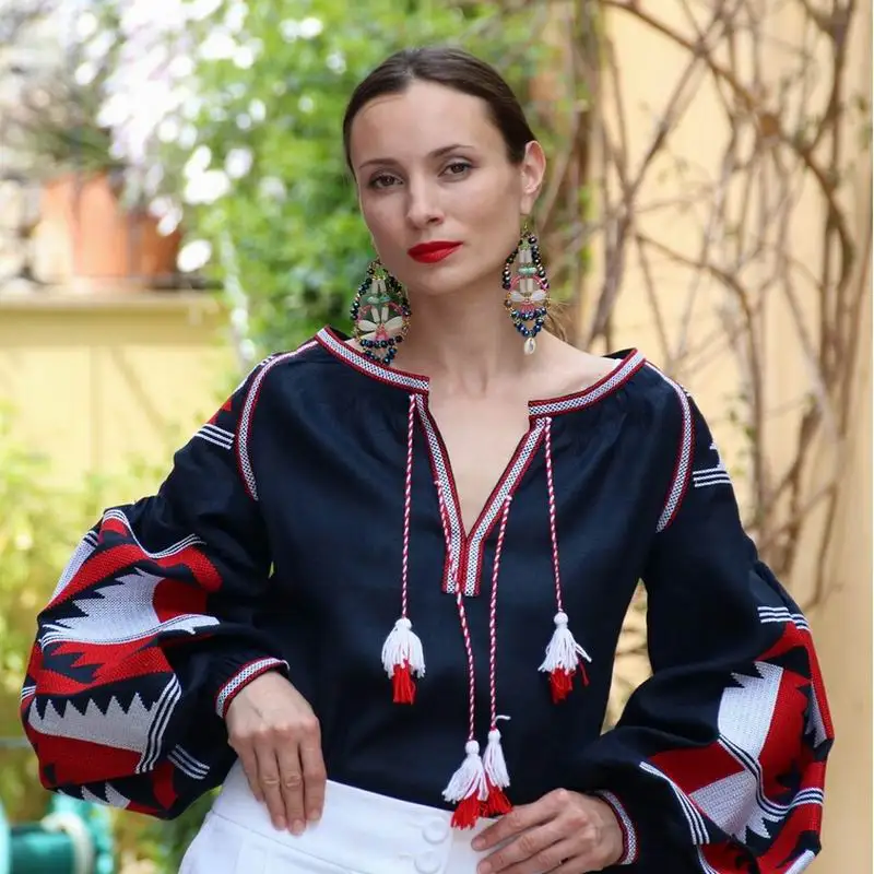 Navy blue blouse plus size Shirts Mori Girl Spring new national wind retro cotton embroidered