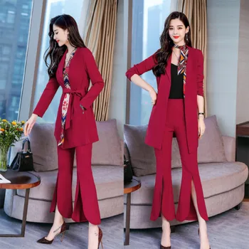 

New hot women's suit two-piece suit (jacket + pants) women's long suit jacket split bell flare pants women's suit