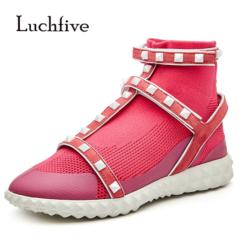 

New Arrival Knitted Sock Boots Woman Round Toe Rivet Belt Ankle Strap Flat Boots Woman Runway Ankle Boots