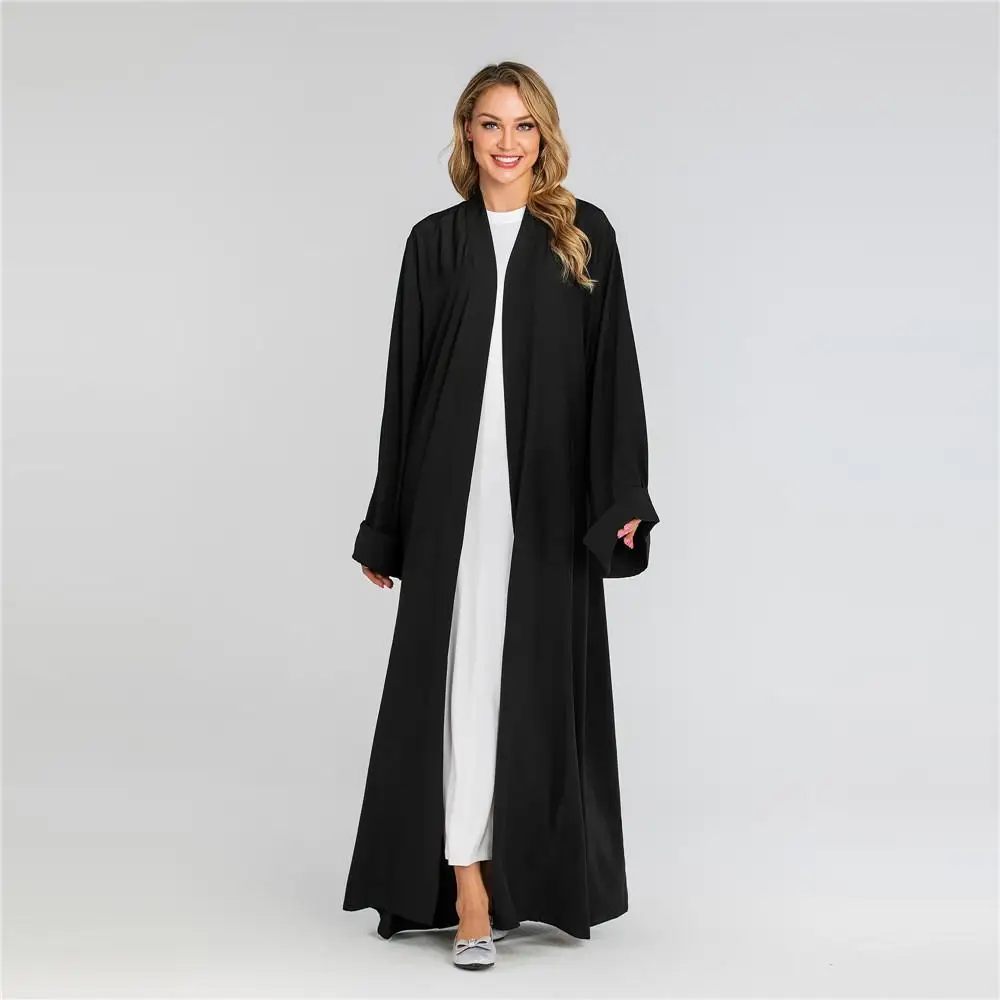 New Open Front Cardigan Dubai Kimono Abaya Maxi Dress Muslim For Women Solid Color Long Sleeve Arab Robe Gown Middle East Dress - Цвет: Черный