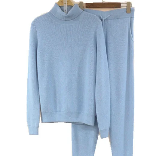 

Tracksuits 2018 Winter Top Fashion Rushed Wool Warm Cashmere Suit Female Turtleneck Pullover Sweater Casual Trousers Two-piece