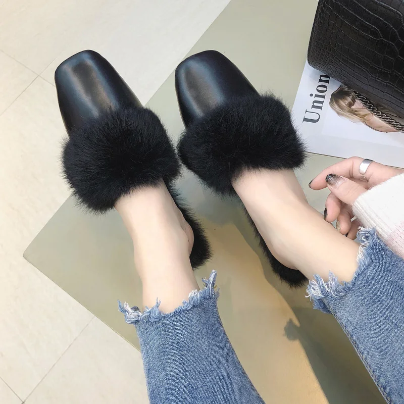 

new design chain moccasins flock flat hairy mules women fur slip on shoes autumn winter trend slides panfufa female luxury shoes