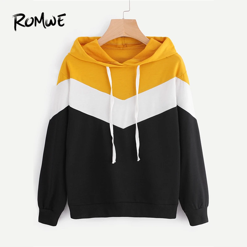 

ROMWE Hooded Cut And Sew Multicolor Colorblock Chevron Sweatshirt Spring Autumn Ladies Long Sleeve Women Casual Hoodie