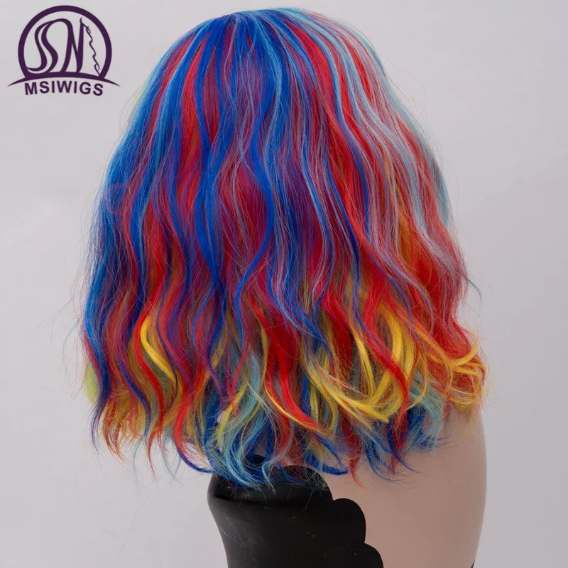 Pelucas cortas de Cosplay para mujeres pelucas onduladas de Color arcoíris lado Central línea de pelo Natural Cos sintético Rosa pelo Pelucas cortas de Cosplay para mujeres pelucas onduladas de Color arcoíris lado Central línea de pelo Natural Cos sintético Rosa pelo