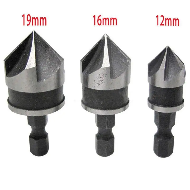 

3Pcs/Lot Five Flute 90 Degree Woodworking Chamfer Counter Sinks 12-19mm Chamfering Debur 1/4 Hex Shank Countersink Drill Bit
