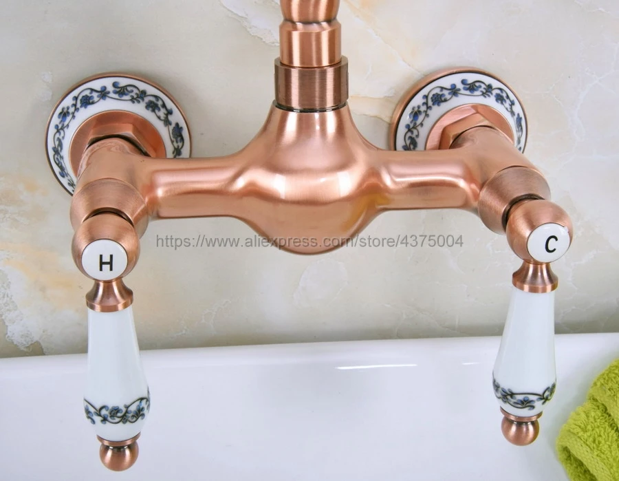 Antique Red Copper Bathroom Basin Faucet Wall Mounted Double Handle Swivel Spout Hot and Cold Mixer Faucet Nnf955