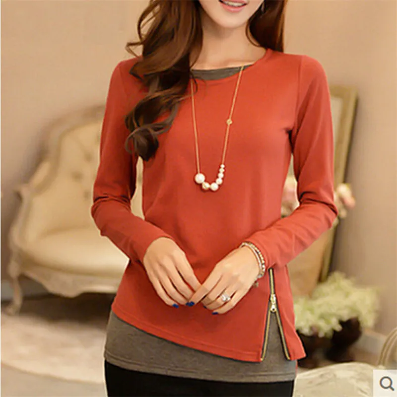 

Long sleeves Blouse Shirt female Repair the body Blue Patchwork Circular collar fashion Bottoming Women Clothes Top