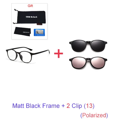 TWO Oclock Magnet Sunglass Women Men Polarized Lens Optical Spectacle Frame Clip On Glasses Men Round TR90 3D Night Vision A2245 - Цвет линз: 1 Frame 2 Clip 13
