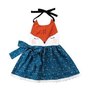 

New Cute Casual Baby Girls Fox Animal Dress Floral Print Cotton Kids Toddler Sleeveless Backless Pageant Sundress Party Dresses
