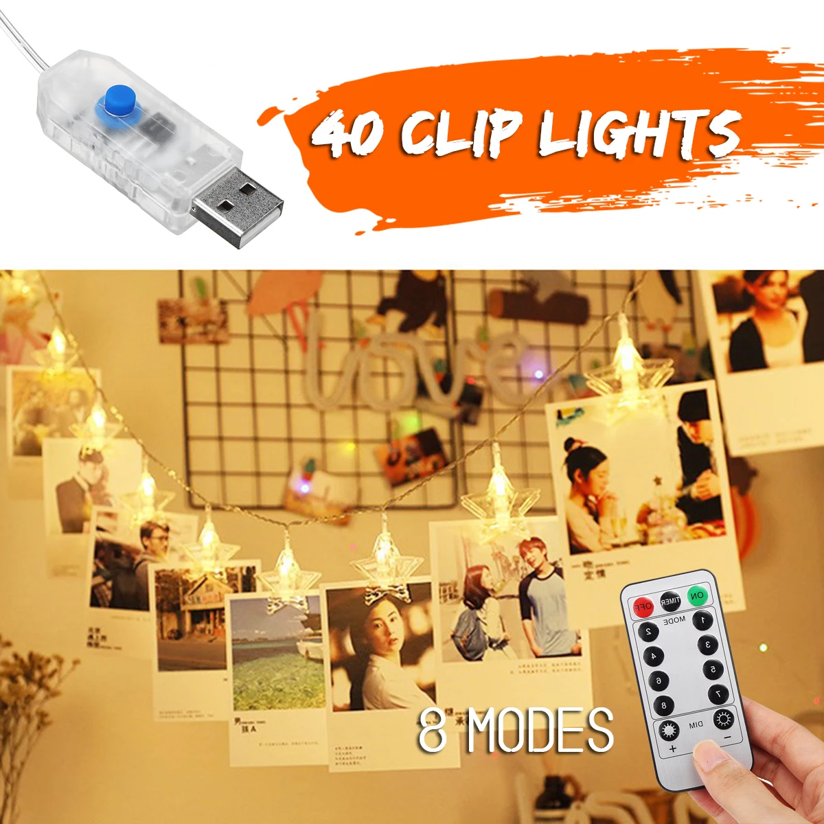 

6M 8 Modes 40LED USB Remote Controll Christmas Decor Light Star Wall Photo Clip Hanging Fairy String Light Wedding Party Outdoor