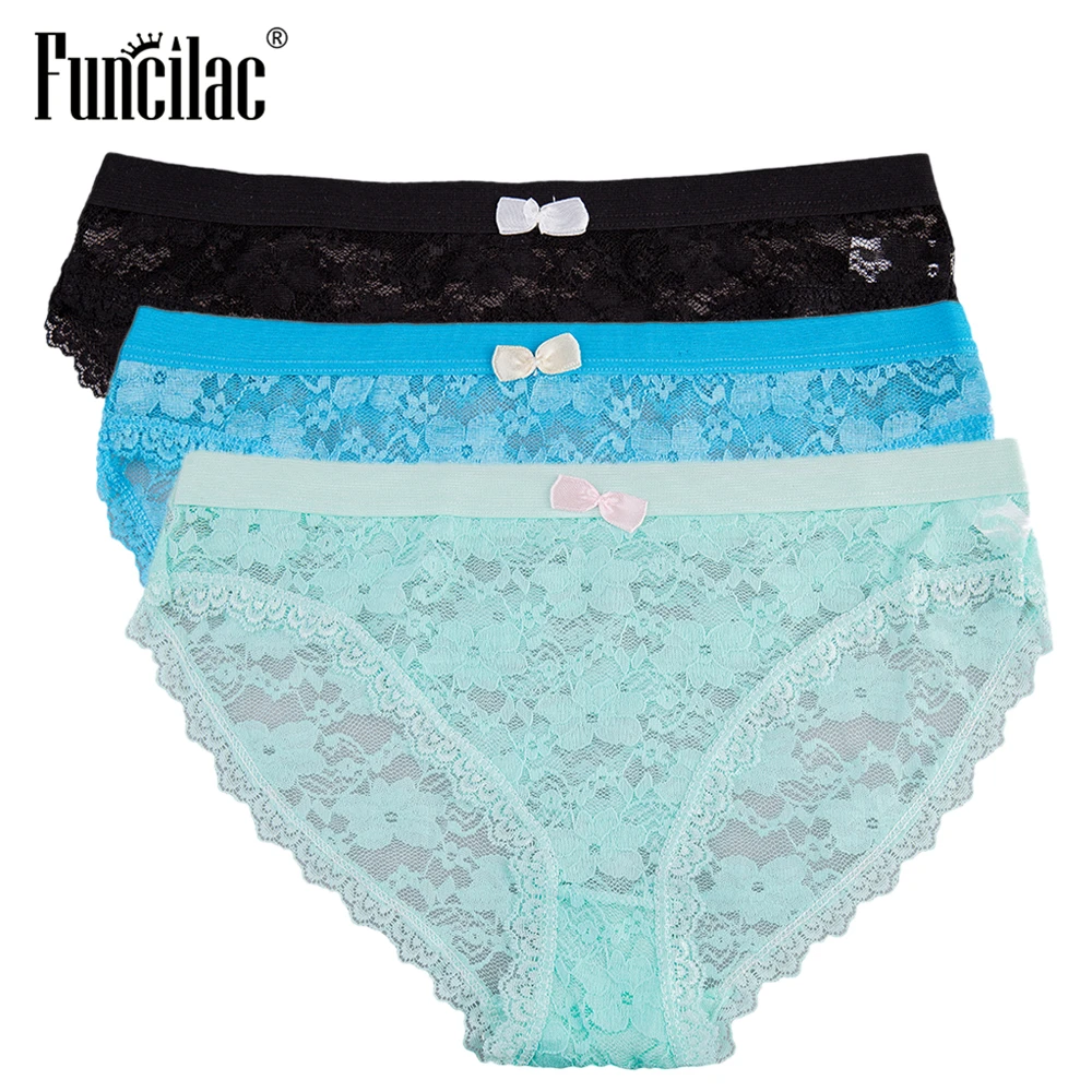 

Sexy Lace Panties Women Underwear Transparent Briefs Girls Pink kawaii Floral Knickers Breathable Lingerie 3 Pcs/set FUNCILAC