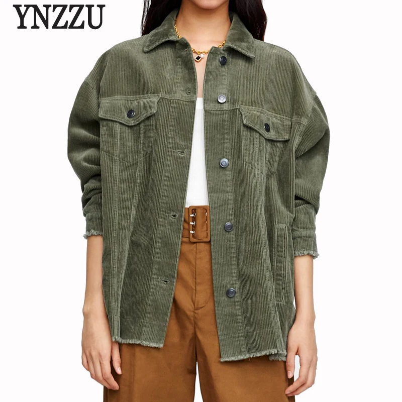 

YNZZU Corduroy Single Breasted Army Green Female Jacket 2018 Autumn Casual High Street Jacket Coat Women Loose Outwears YO644