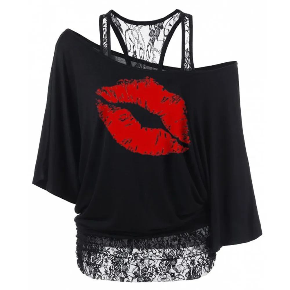 

Fashion Tshirt Women Skew Collar Lace Patchwork Women T-Shirt Red Lips Print Off shoulder Short Sleeve T Shirt Tops Shirt#Z25