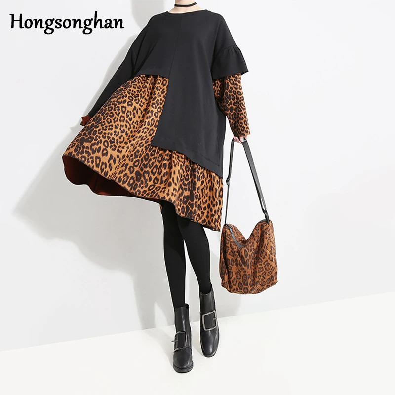 Hongsonghan 2018 new large-size leopard-print long-sleeved round-neck dress with irregular stitched in autumn winter tops tide Hongsonghan 2018 new large-size leopard-print long-sleeved round-neck dress with irregular stitched in autumn winter tops tide