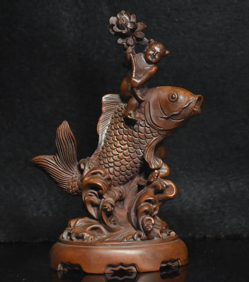 

Crafts statue 6" Chinese Folk collect Boxwood wood carve boy ride fish propitious statue