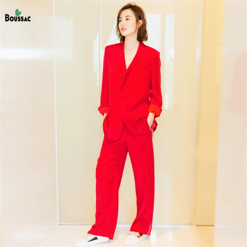 

Boussac Fashionable Red Women Blazer Suits Casual Jacket Top and Wide Leg Pants Two Piece Suits OL women business office Wear