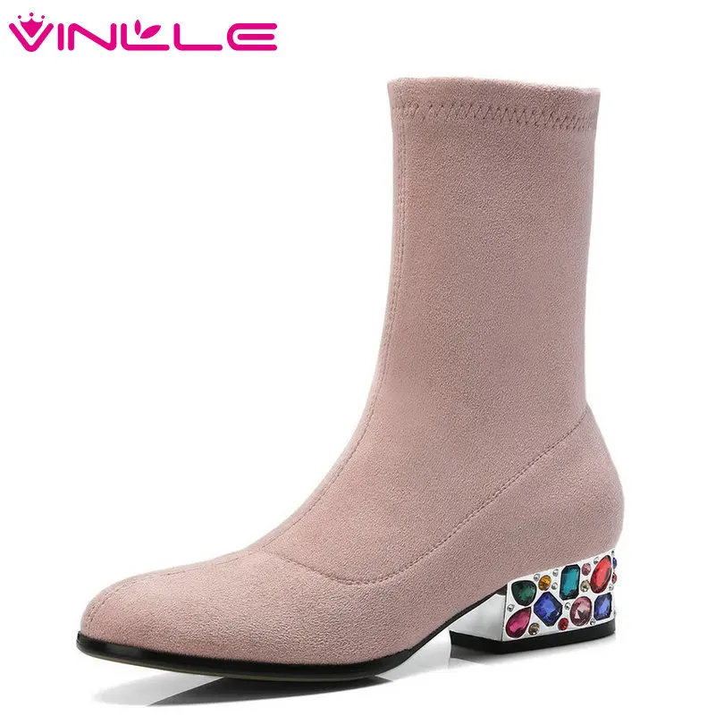 

VINLLE 2019 Shoes Woman Mid Calf Boots Low Heel Knitting+Genuine Leather Sock Boots Ladies Motorcycle Boots Size 34-39