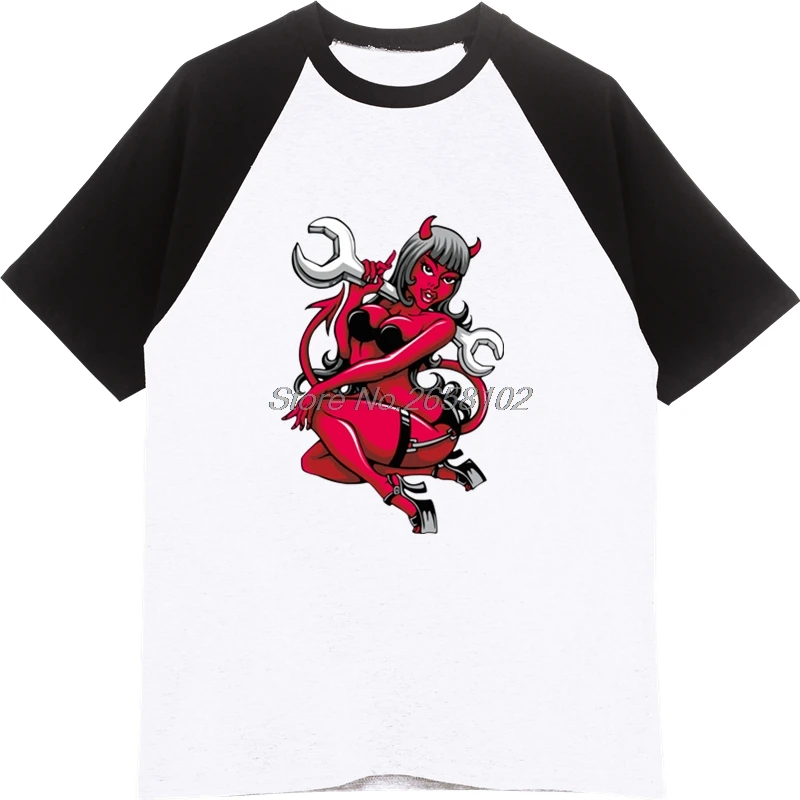 fashion devil pin up girl with big wrench t shirt men s funny cotton