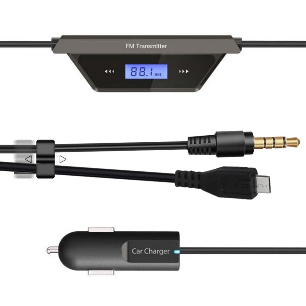 

Univeral FM Transmitter Modulator Car mp3 Player with two Car Charger USB 3.5mm jack audio cable to your smartphone