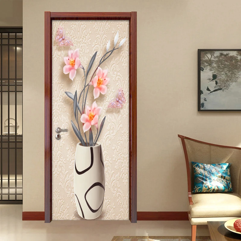 

Door Sticker Fashion Vase Flower Mural Wall Papers Home Decor PVC Waterproof Self-adhesive Decorative Door Sticker Wallpaper 3D