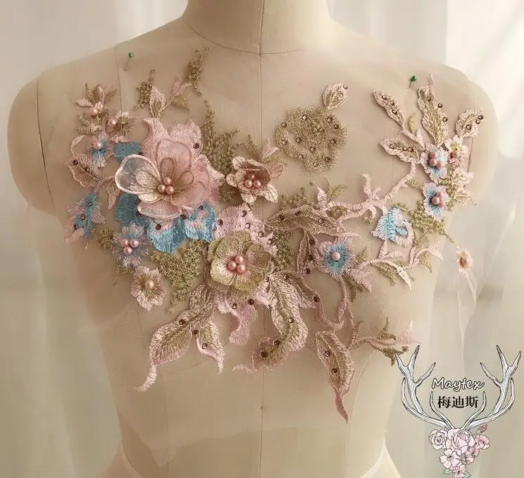1 шт. 33*28 см 2019 Швейные аксессуары одежда с 3D кружевом вышитыми розовыми синими