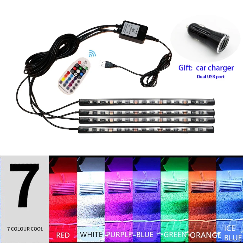 

Car neon light RGB 4* 15LEDS flexible Voice Control Car styling Wireless led atmosphere lampstrip with USB car charger