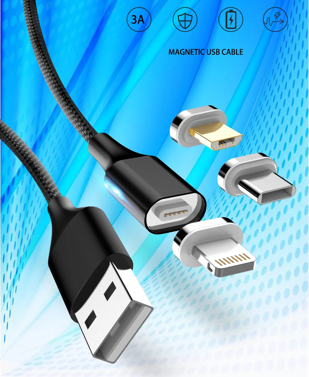 

3A Fast charging Micro USB Cable Magnetic Phone Cables 1m 1.5m 2m USB C Data Cord For iPhone Android MicroUSB Type-C Cable