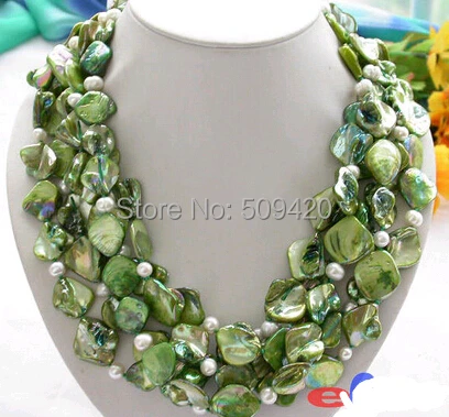

Free Shipping>>>4row 20" 18mm green square shell white pearl necklace