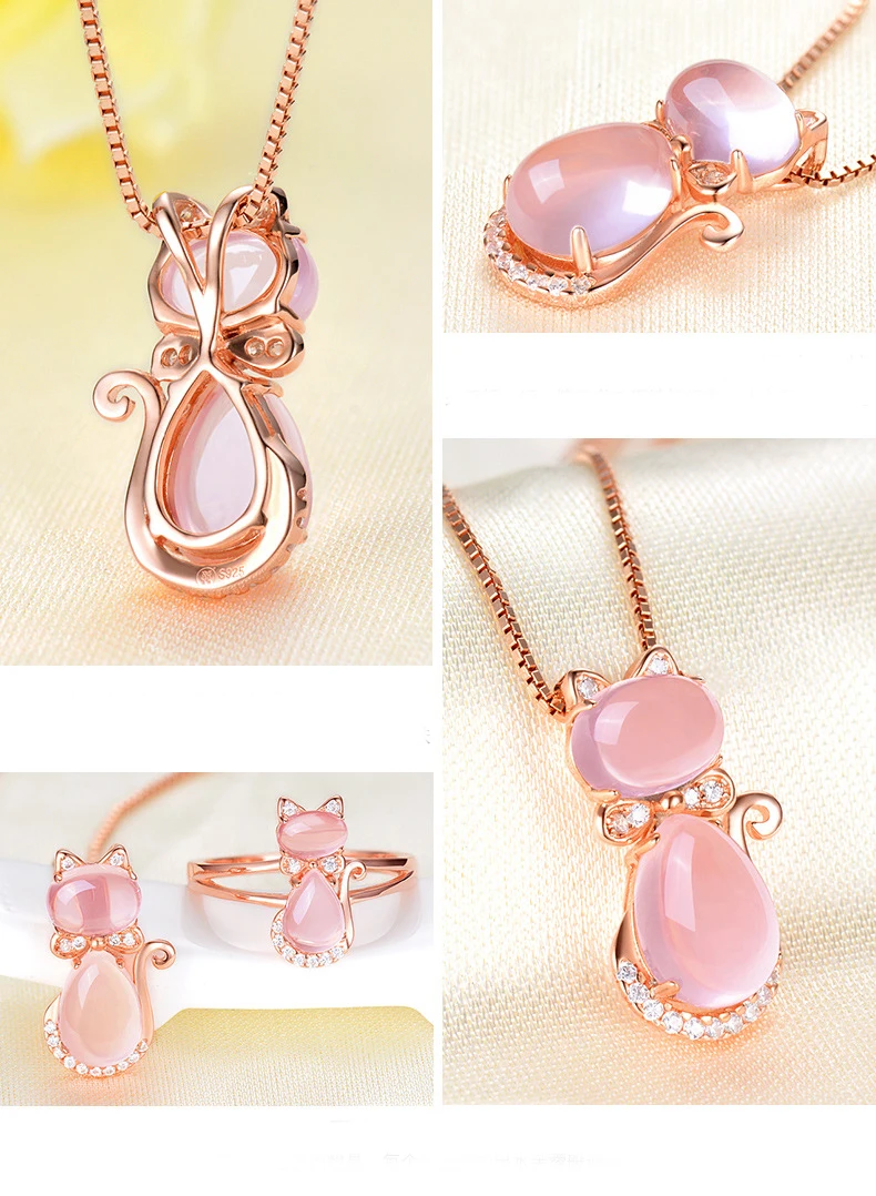 MOONROCY розовое золото цвет милый кот Росс кварц розовый опал ювелирные изделия ожерелье для женщин девочек детский подарок колье Прямая