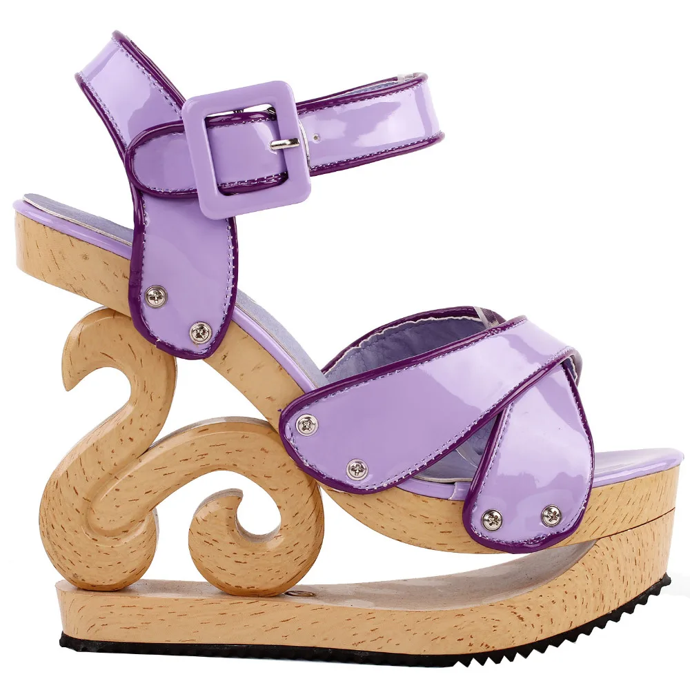 LF30839 Show история Фиолетовый два тона плетеные эффект модные брендовые черные женские туфли, высокий каблук, пряжка деревянным взглядом на платформе-танкетке сандалии-сабо