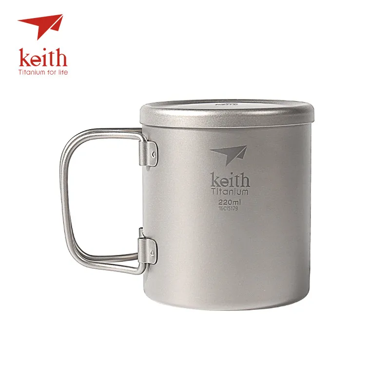 Keith Pure titanium кружки для воды с двойными стенками, Титановая Крышка со складными ручками, посуда для напитков на открытом воздухе, чашка для кемпинга, Ультралегкая кружка для путешествий - Цвет: 220ml Ti3351