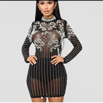 

Sexy Black Crystal Beaded Dress Women's Long Sleeve Perspective Diamond Mini Dress Club Celebrity Party Bodycon Vestidos
