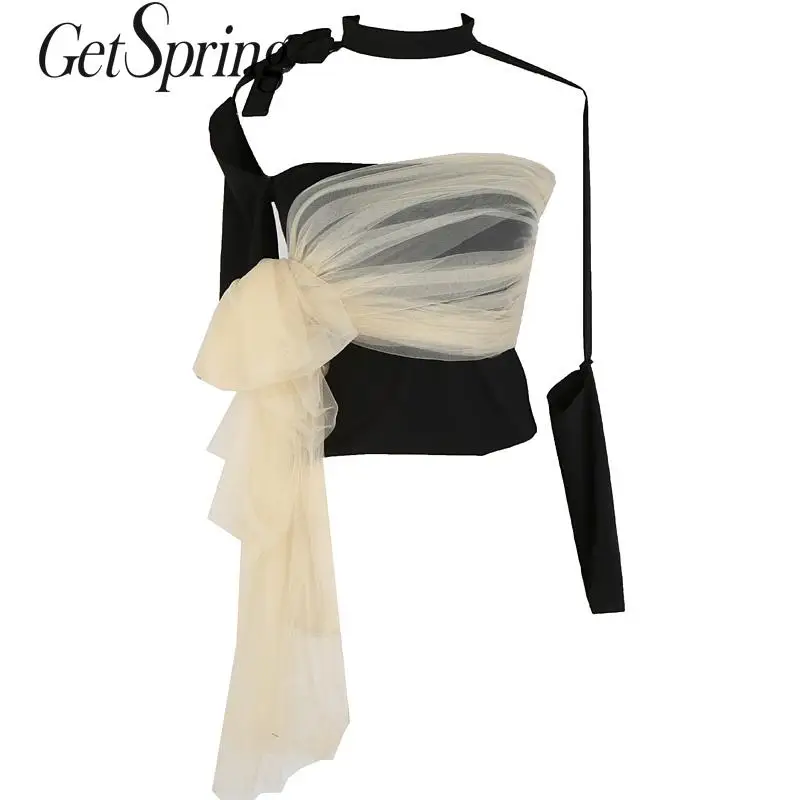 

GetSpring Women T Shirt Ribbon Bandage Hollow Out Patchwork T Shirt Irregular T-shirts Women Asymmetrical Top Asymmetry Tee Tops