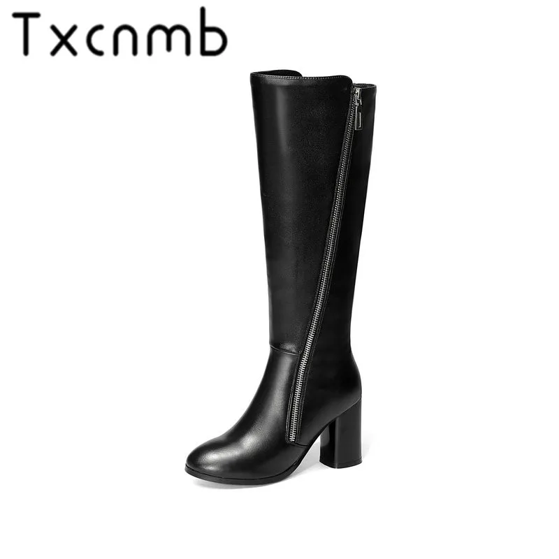 

TXCNMB Knee Boots Women Platform Cow Leather High Female Booties Round Toe High Heel Black Winter Shoes Woman Szie 44 45