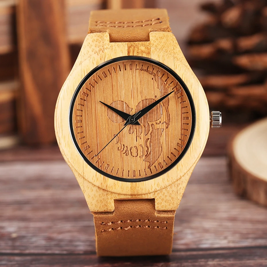 Creative Wood Watch 100% Natural Original Wooden Bamboo Quartz Wristwatches Skull Head Men's Sports Casual Clock Reloj de madera 2017 Christmas Gifts (1)