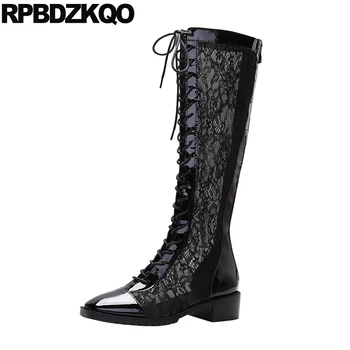 

Chunky Patent Leather Slim Bridal Lace Mesh Square Toe White Wedding Boots British Summer Shoes Knee High Sandals Women Up Long