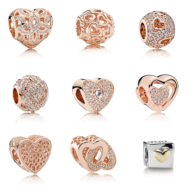 

Sterling Silver 925 Charm Beads Rose Gold Hollow Love For Original Pandora Bracelet Bangle DIY Women Jewelry