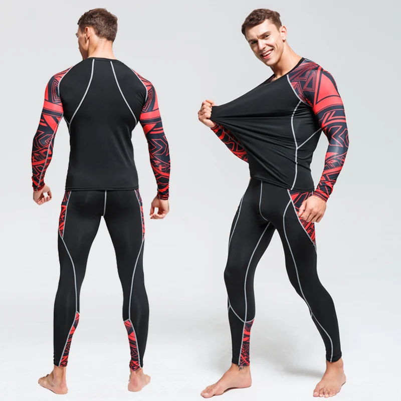 

High quality Men's Thermal underwear Set 2019 new Long johns Base layer Sport Running pants + Compression crossfit shirt XXXXL