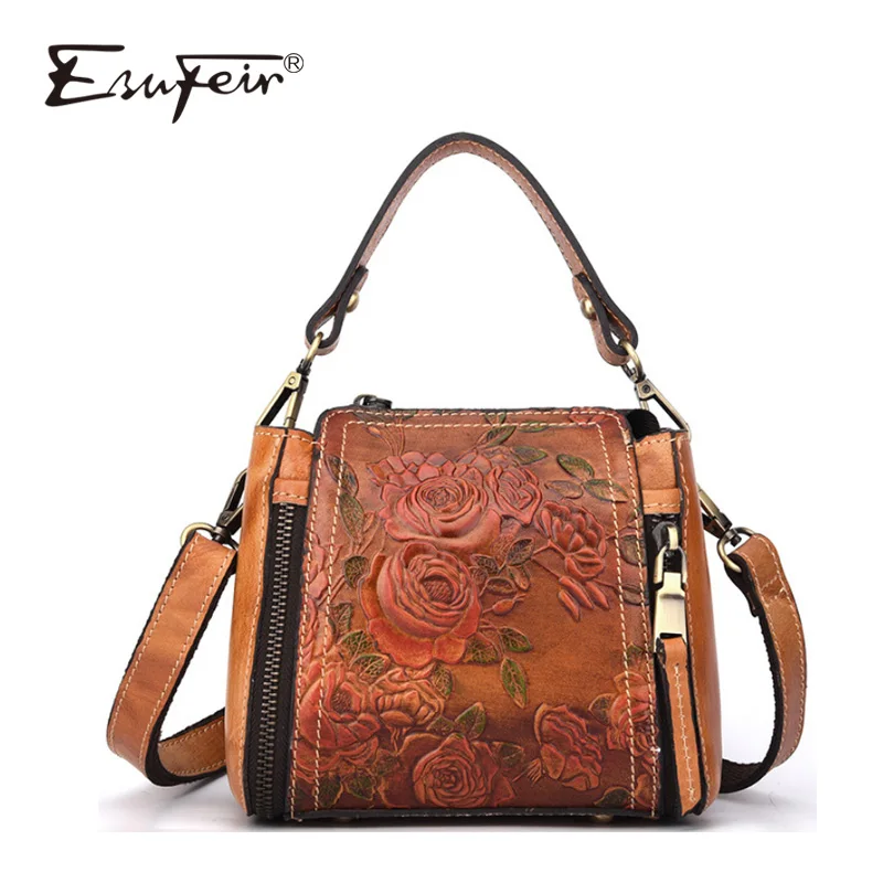 

ESUFEIR Luxury Genuine Leather Women Handbag Leather Retro Handmade Embossed Shoulder Bag Messenger bag Fashion Bucket Bag