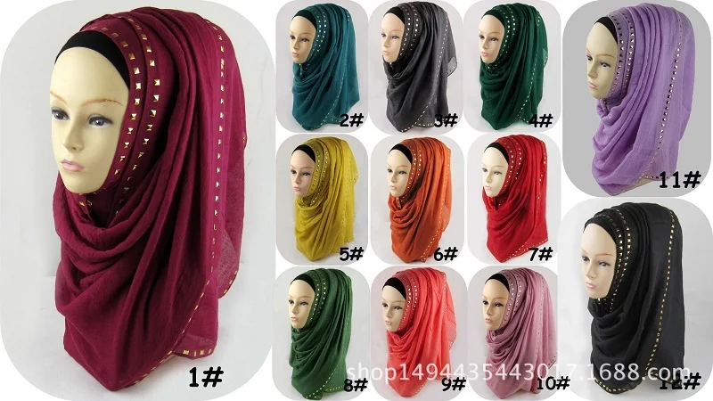 10 шт сплошной Цвет Хлопок Горячие заклепки блестками хиджаб мусульманский Обычный Шарф, Шаль Исламская Рамадан мягкий длинный