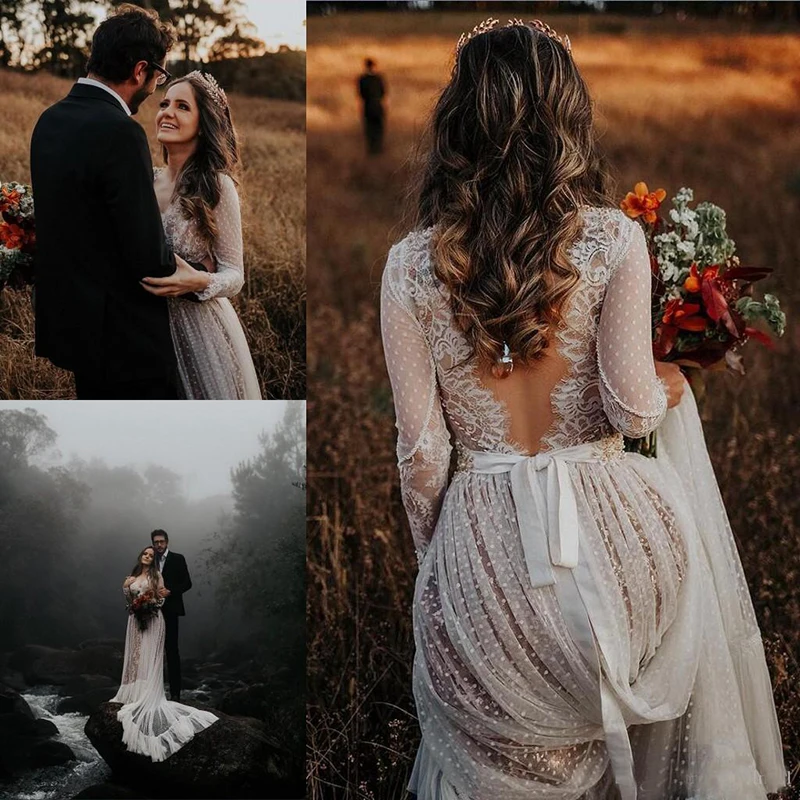 2019 Bohemian Wedding Jurken Met Lange Mouwen Sexy V-hals Lace Sweep Trein Beach Boho Land Bruidsjurken robe de mariee 2019 Bohemian Wedding Jurken Met Lange Mouwen Sexy V-hals Lace Sweep Trein Beach Boho Land Bruidsjurken robe de mariee