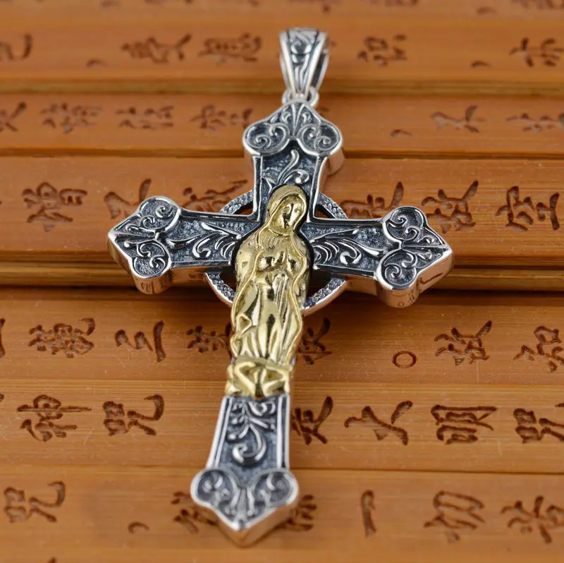 

2019 Time-limited Hot Sale The Golden Deer S925 Wholesale Archaize Style Virgin Mary Double-sided Cross Pendant