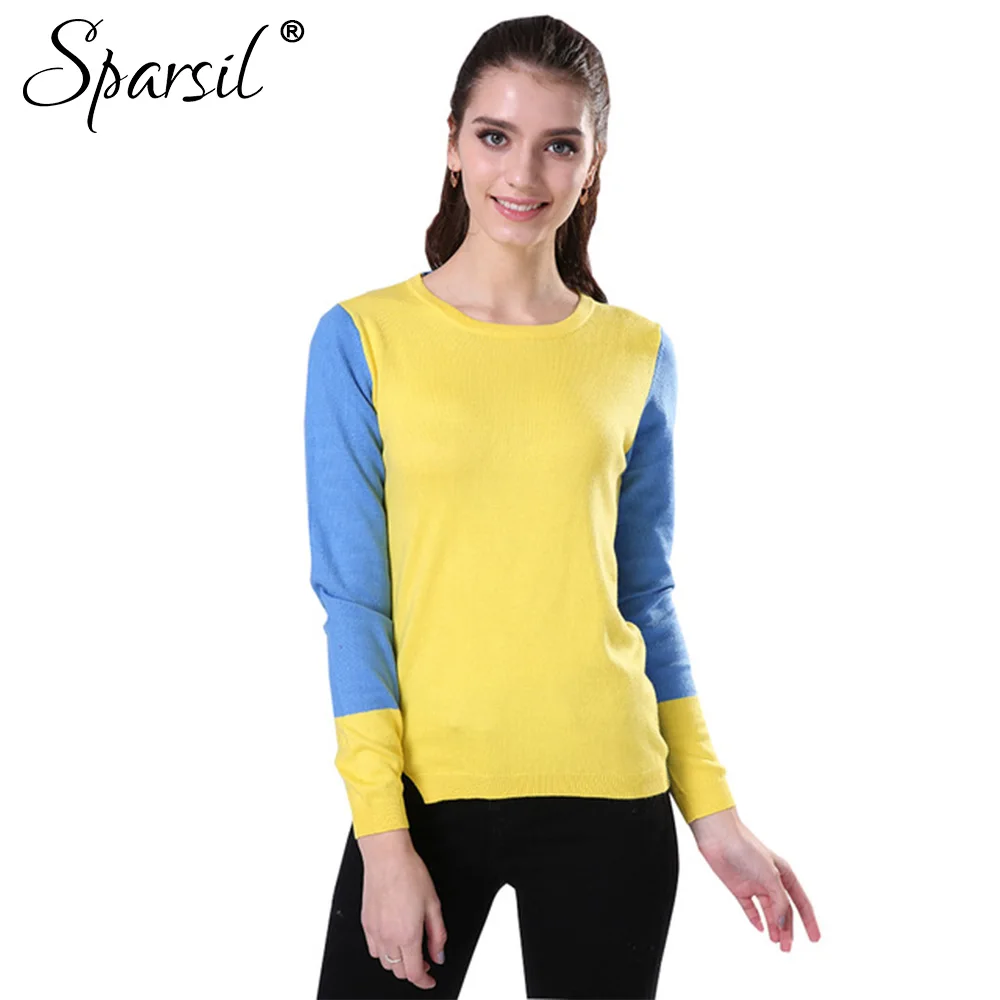 

Sparsil Women's Spring Cotton Blend O-Neck Knitted Pullover Sweaters Fashion Long Sleeve Knitwear Sweater