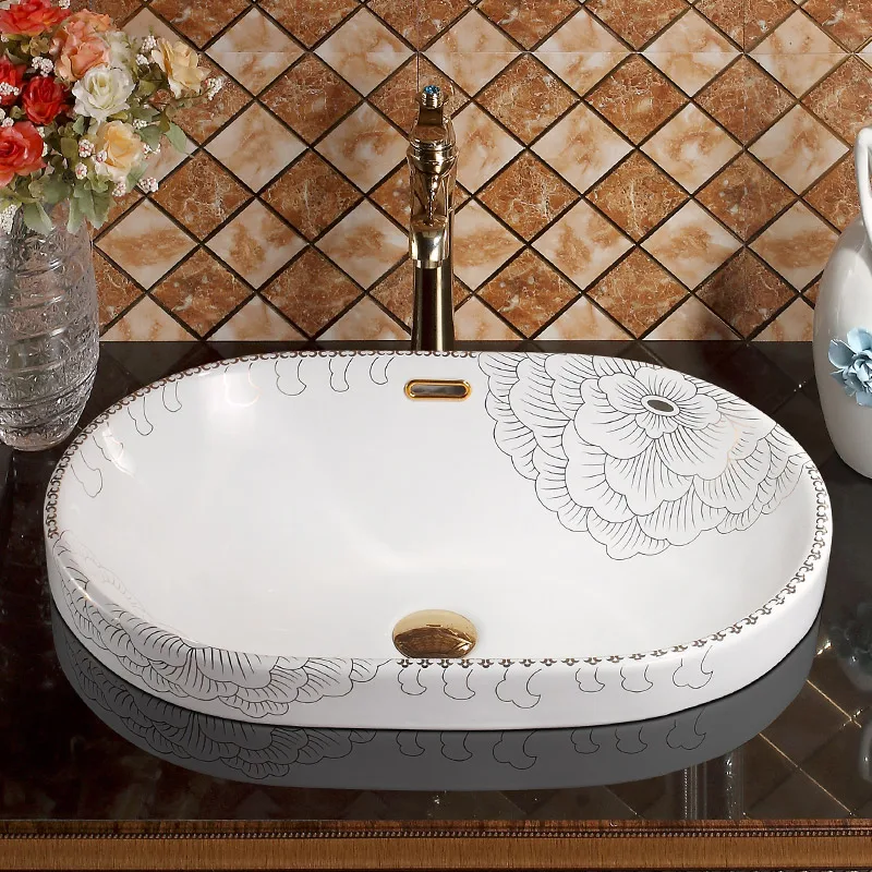 Handmade Artistic Rectangular Semi-Counter Washnasin With Overflow Ceramic Bathroom Sink Semi-Counter Sink handmade sink bowls (2)
