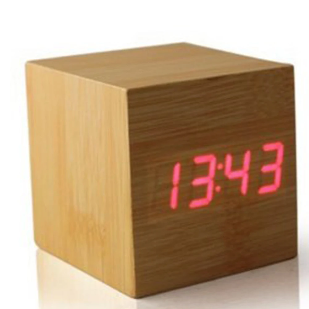 Cube LED digital Alarm Clock Square Wooden charging Clock Thermometer