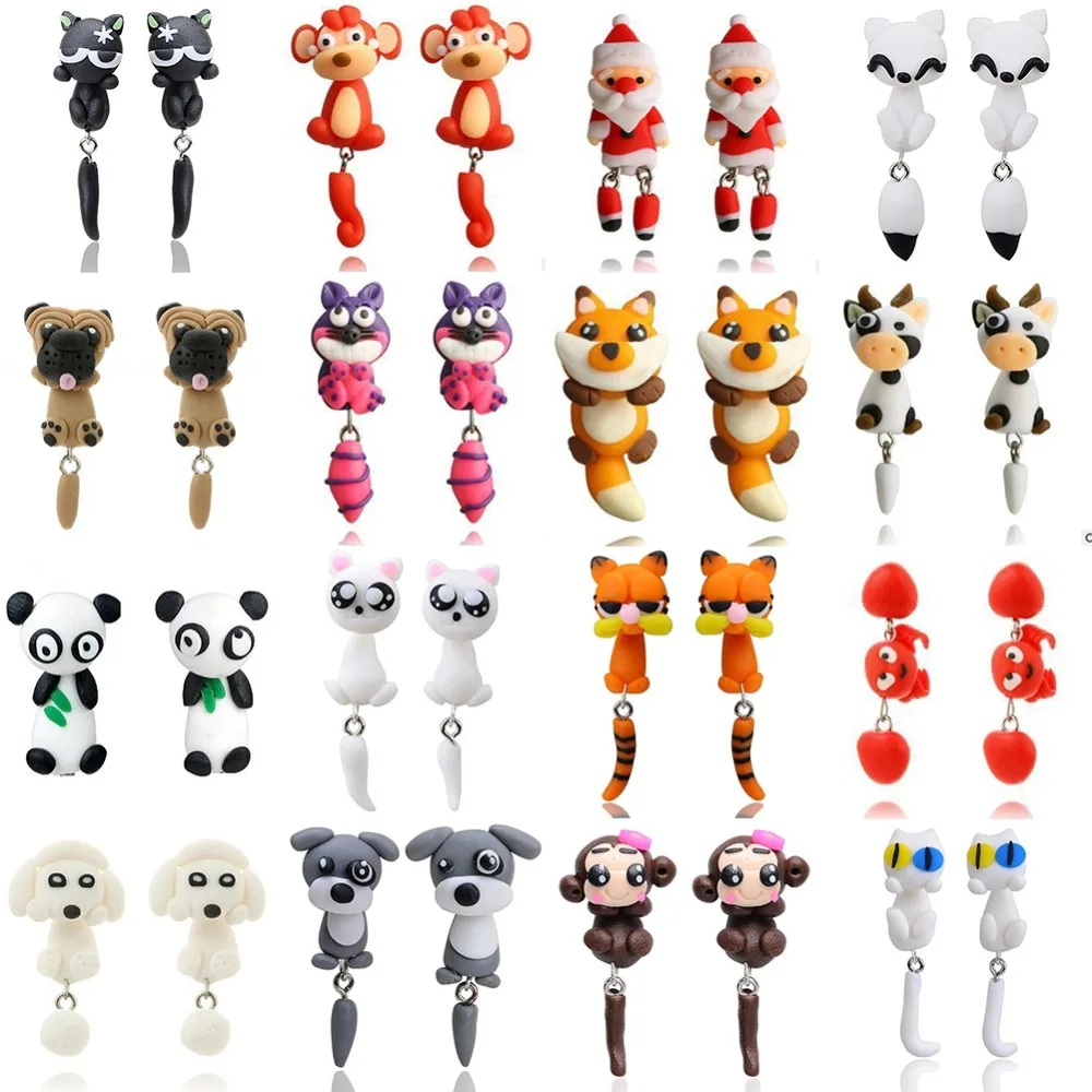 

New 100% Handmade Polymer Clay Animal Earrings Cute Cat Red Fox Lovely Panda Squirrel Tiger Stud Earrings For Women Jewelry