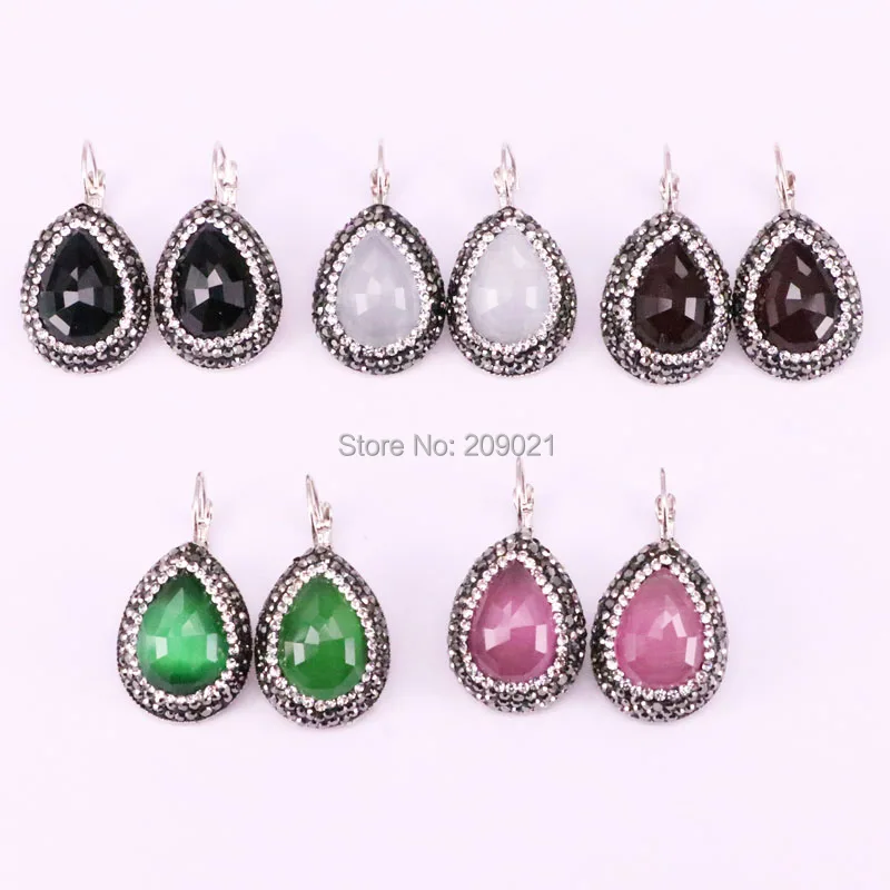 

8Pair Jewelry fashion natural stone earrings pave crystal rhinestone waterdrop shape cat eyes stone earrings