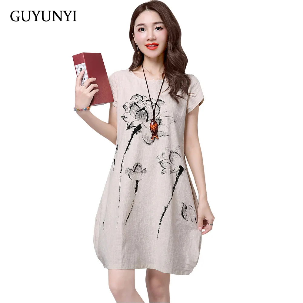 

GUYUNYI Summer Dress Plus Size Short Sleeve Multicolor Women Dress Casual Cotton Linen Dress Lotus Printing Vestidos de Festa