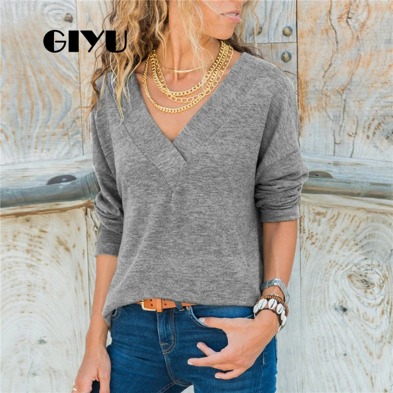 

GIYU Spring Autumn Solid T Shirt Women Long Sleeve V Neck Tee Casual Loose Basic Tops Female camiseta mujer